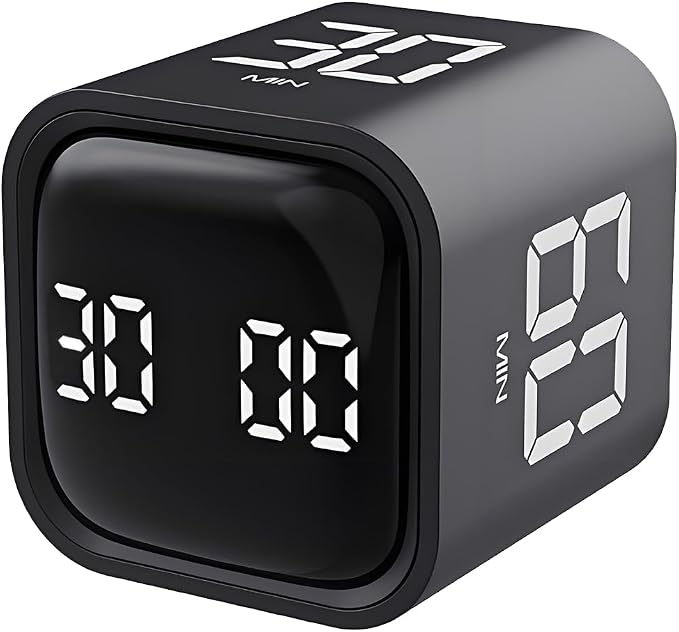 Qumox Pomodoro Timer, Cube Productivity Timer with Adjustable Sound and Vibration Alert, Ideal for Work, Office, ADHD, Study, and Tasks - 5/10/30/60 Minutes & Custom Countdown - Black