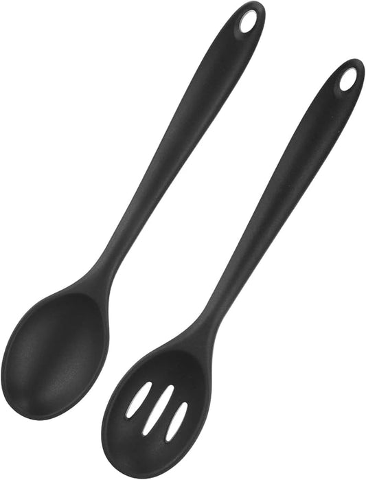 M METERXITY 2-Pack Silicone Spoons for Cooking, 10.6" Mixing Nonstick Slotted and Solid Serving Spoons Heat Resistant Utensils Spoons for Kitchen/Cooking/Baking/Stirring Mixing Tools [Black]