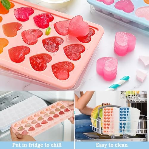 Heart Shape Ice Cube Tray 2PCS Mini Heart Ice Mold Silicone Heart Ice Cube Molds with Lid Mini Heart Ice Cube Tray for Whiskey Cocktail Valentine's Day Cubes Chocolate Candy Jelly Gummy Soap ﻿
