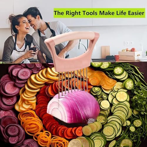 Upgraded Stainless Steel Lemon Slicer Onion Cutter, Onion Holder for Slicing, Vegetable Cutter Kitchen Chopper Slicing Assistant Tool for Potato and Tomato Avocados Eggs Meat (2, Black&Pink)