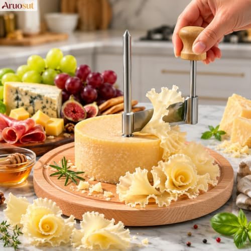 Cheese Curler Cheese Slicer Stainless Steel Blade & Wood Base for Home Restaurants Cafes Bakery Dessert Shops Charcuterie Boards, Parties & Gift