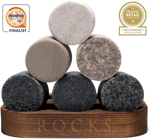 Whiskey Stones & Old Fashioned Cocktail Glass Gift Set - 6 Handcrafted Granite Round Chilling Rocks - Crystal Reserve Whiskey Glasses (10oz) - Hardwood Presentation Tray - Gold Foil Box