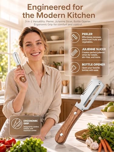 3-in-1 Multifunctional Vegetable Peeler, Curved Stainless Steel Blade Wooden Handle & Built-In Bottle Opener Kitchen Tool for Sugar Cane, Potato, Fruit, Pumpkin, Carrot Veggie Peeler (1PCS)