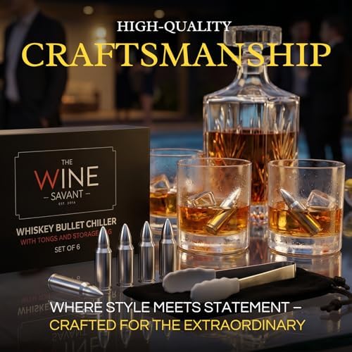 Bullet Whiskey Chillers Stones - Whiskey Rocks by The Wine Savant Set of 6 - Stainless Steel Bullet Shaped Ice Cubes, Gift Box Come, Tongs and Storage Bag, Whiskey or Scotch Rocks (Silver)