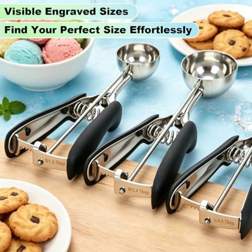 Engraved Sizes Cookie Scoops,Set of 3 Black Cookie Scoops for Baking