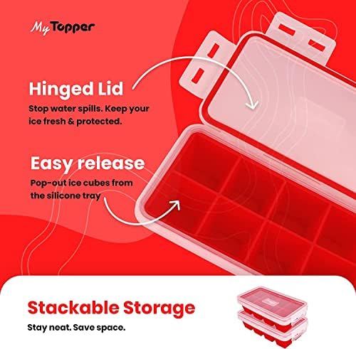 IceTopper Ice Cube Tray with 2 Attached Lids - Easy Release Ice Cube Molds, 14 Cubes per Tray, Stackable & Dishwasher Safe, 100% Food Grade, BPA Free & Recyclable (XL, 1 Pack)