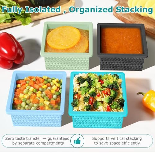 Silicone Freezer Molds for Soup Cube - 2-Cup Freezer Storage Container Tray with Lid,4 Pack Stackable Ice Cube Trays for Portion Control,Food Storage & Meal Prep (Blue+Green+Light Blue+Dark Gray)