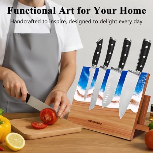 Wooden Magnetic Knife Holder – Freestanding Knife Block with Cutting Board Holder, Countertop Magnetic Knife Stand in Acacia Wood with Resin Design