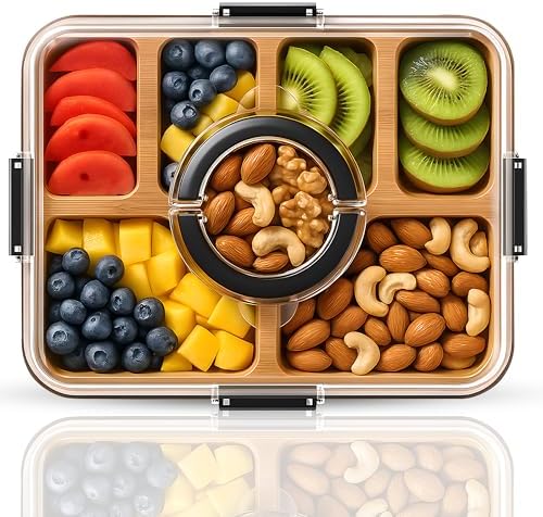 Charcuterie Board with Clear Lid and Handle, 6-Compartment Portable Serving Tray, 11 x 14 Inches, Plastic and Bamboo, Housewarming Gift, Cutting Board, Cheese Board for Serving and Outdoor Dining