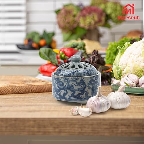 Marsrut Ceramic Garlic Keeper Crock with Lid, Porcelain Breathable Storage Bowl Jar Tank Holder, Small Container for Storing Garlic Chili for Counter Countertop Kitchen (Gray Blue)