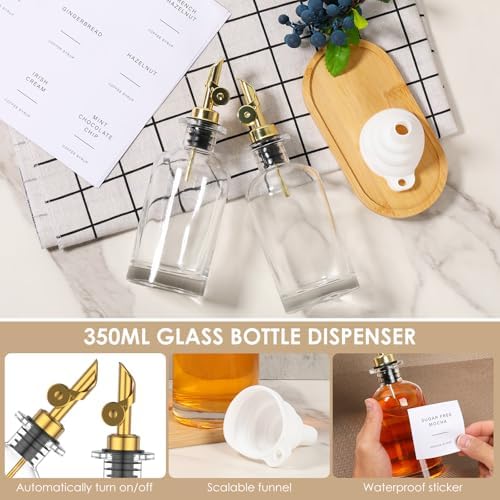 4Pack 11.8oz/350ml Oil Dispenser Bottle for Kitchen, Glass Olive Oil and Vinegar Dispenser Set, Soy Sauce Dispenser with Wooden Tray & Labels & Replacement Spouts & Pumps