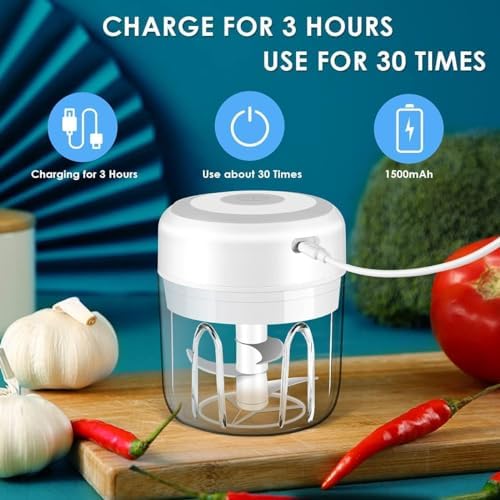 Electric Garlic Chopper, Portable Rechargeable Food Processor, Mini Garlic Grinder Masher Onion Chopper with Stainless Steel Blade, Cordless Mini Veggie Chopper for Nuts, Ginger, Chili, Fruit, Meat