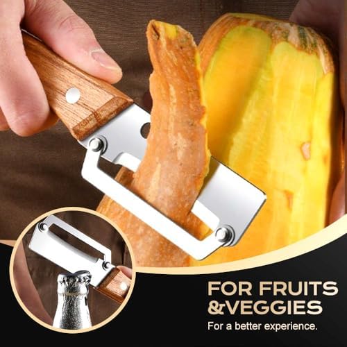 Multi-Functional Vegetable Peeler for Kitchen, 2 in 1 Fruit Peeler and Bottle Opener, Stainless Steel Curved Blade Fruit & Vegetable Peeler for Potato Pumpkin Papaya Zucchini (Wood_1 Pack)