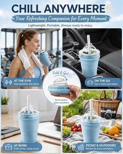 Collapsible Ice Ball Maker Cup, 2-in-1 Silicone Folding Ice Cube Cup Tray Portable Leakproof Travel Tumbler with Lid & Straw, Reusable Sphere Mold for Whiskey, Bourbon, Coffee, Summer Drinks