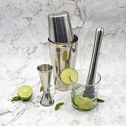 Boston Shaker Set for Cocktails with 28oz and 18oz Weighted Tins, Professional Muddler and Jigger - Stainless Steel Bar Tools (4pc set)
