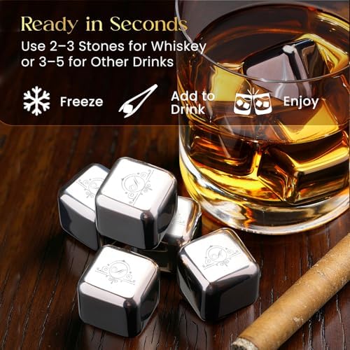 Whiskey Stones Gift Set, Custom Monogram 9, 8pcs Steel, Wood Box