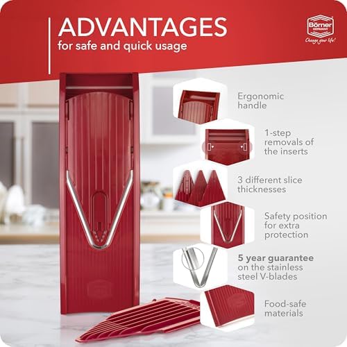 Borner Mandoline Food Slicer V1 (Basic Set) by Reston Lloyd • V-Slicer with Food Holder • Made in Germany • Fruit & Vegetable Chopper • Multiple Settings • Color: Red