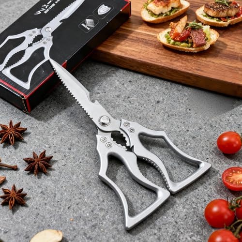Heavy Duty Kitchen Scissors, Premium Stainless Steel Poultry Shears with Fish Scaler, Bottle Opener & Nutcracker, Multipurpose Straight Blade Food Shears for Chicken, Meat, Fish, Herbs