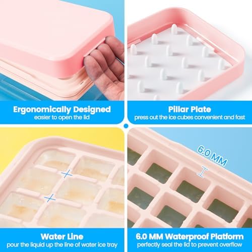 PHINOX Ice Cube Tray with Lid and Bin, Easy Release 28 Cubes for Freezer