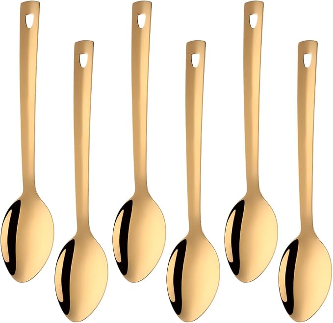 13-Inch Large Stainless Steel Serving Spoons Set, Long Handle Buffet Utensils, Dishwasher Safe (Gold, 6 piece)
