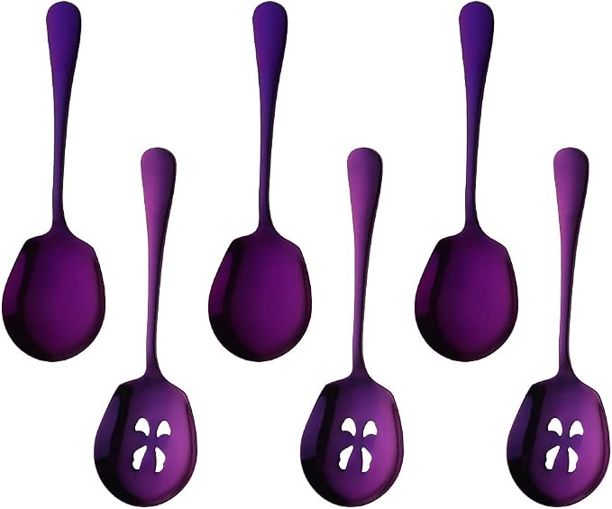 Meisha Serving Spoons Set, 3 Serving Spoons and 3 Slotted Serving Spoons, Purple Stainless Steel Serving Utensils for Buffet Can Banquet Cooking Kitchen - Mirror Polished