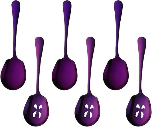 Meisha Serving Spoons Set, 3 Serving Spoons and 3 Slotted Serving Spoons, Purple Stainless Steel Serving Utensils for Buffet Can Banquet Cooking Kitchen - Mirror Polished