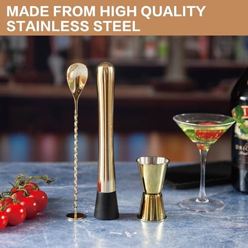 JNWINOG 3-Pcs Gold Muddler & Mixing Tools Set, 10" Muddler, 12" Cocktail Spoon & 1 oz/2 oz Double Jigger, Bar Tool Set for Beverages