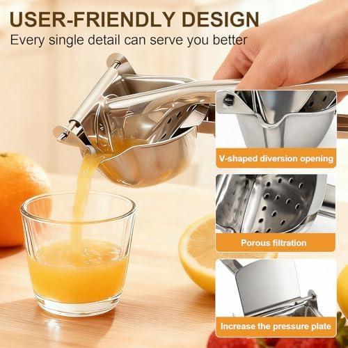 Premium Stainless Steel Manual Juicer - Heavy Duty Citrus Press & Fruit Lemon Squeezer, Effortless Hand Juicer for Oranges, Pomegranates & More, Dishwasher Safe