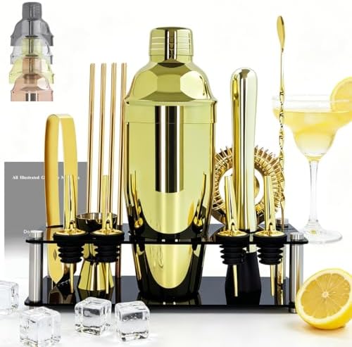 14-Piece Cocktail Shaker Set with Stand, Bartender Kit, 25oz Shakers, Bar Set Cocktail Shaker Set, Jigger for Bartending Kit, Drink Mixer Set, Cocktail Set Recipes Booklet Home, Bar, Party (Gold)