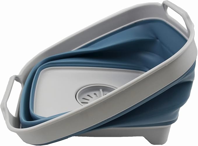 SAMMART 7.5L (2 Gallons) Collapsible Dishpan with Draining Plug - Foldable Washing Basin - Portable Dish Washing Tub - Space Saving y (Grey/Steel Blue (Set of 2), 2)