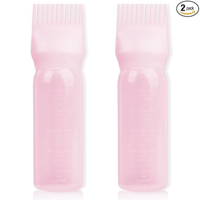 2Pack Root Comb Applicator Bottle - 6 Oz Hair Oil Applicator, Dye Bottle Tools with Oil Dispenser & Root Comb Brush - Pink