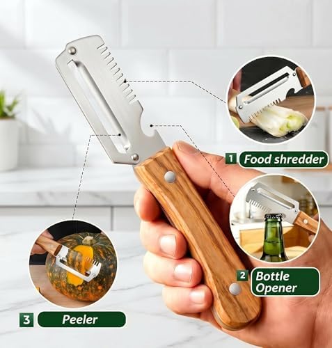 3-in-1 Multifunctional Vegetable Peeler, Curved Stainless Steel Blade Wooden Handle & Built-In Bottle Opener Kitchen Tool for Sugar Cane, Potato, Fruit, Pumpkin, Carrot Veggie Peeler (1PCS)