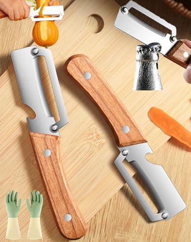 Wooden Peeler, Multi-Functional Vegetable Peeler For Kitchen, Thickened Wooden Handle Fruit Peeler, Ultra Sharp Stainless Steel Blades With Bottle Opener For Potato Pumpkin Papaya (2pc)