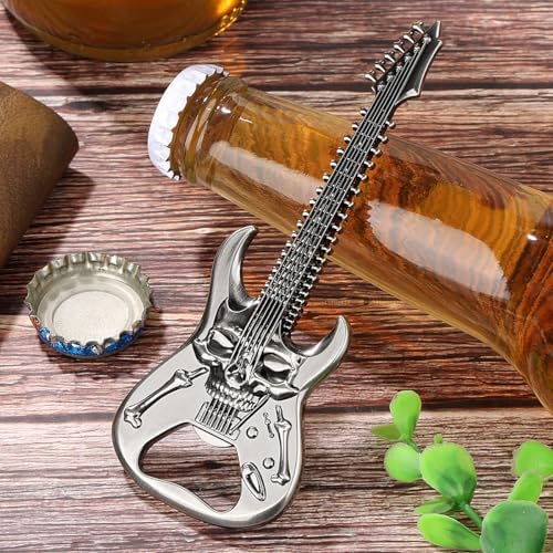 Skull Guitar Bottle Opener, Beer Opener with Gift Bag, Portable Bottle Opener, Father Birthday Gifts, Christmas Gifts for Men, Women, Boyfriend, Dad, Guitar Lovers, Silver