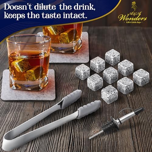 A&A Wonders Premium Whiskey Stones 100% Natural Granite Set of 9 Chilling Rocks Stone Reusable Ice Cubes for Drinks with Velvet Carrying Pouch, Gift for Whiskey Lovers (9 Cubes)