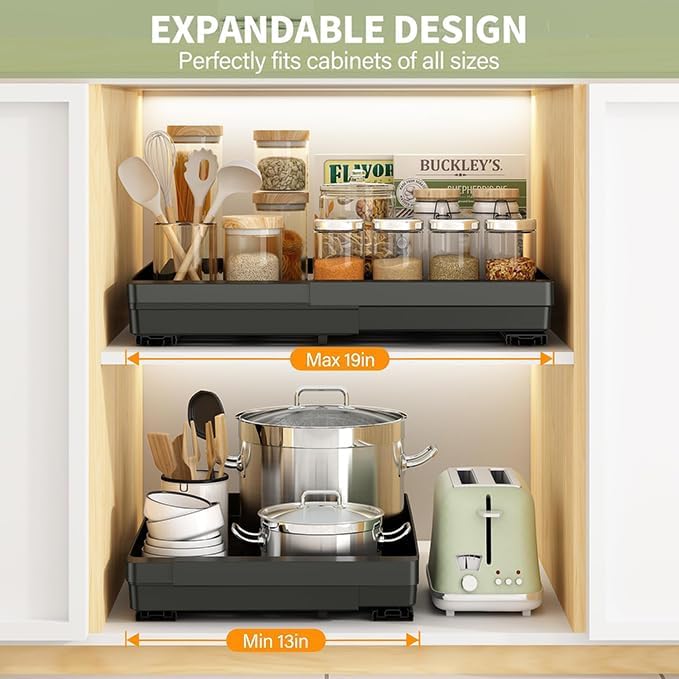 DOMNIU Pull Out Cabinet Organizers Expandable,Black,20.8"Depth,2 Pack | Slide Out Drawers for Kitchen, Bathroom, Pantry, Under Sink Storage, Fixed with Adhesive Nano Film (13''-19'')