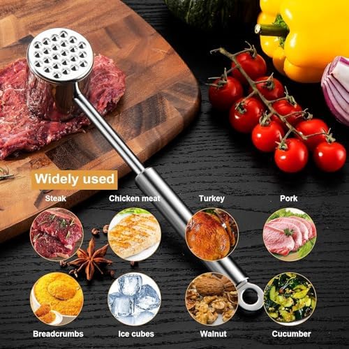 Gourmet Multi Sided Meat Tenderizer, 304 Stainless Steel, Moderate weight, Suitable for pounding various kinds of meat, Shellfish, ect, Hang Hole for Easy Storage,Easy to wash