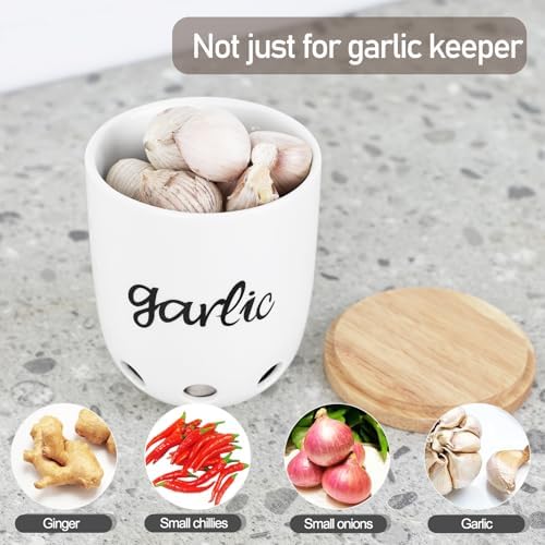 Ceramic Garlic Keeper for Counter with Wood Lid (White)