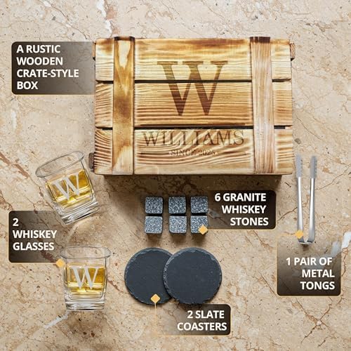 Custom Monogram Since Year Whiskey Glass Set, 2 Glasses, Wood Crate