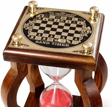 Vintage Wooden Hourglass Sand Timer with Red Sand and Brass Chessboard Top Solid Wood Frame & Brass Accents – Elegant Desk Decor for Home Office Study Living Room 6.5 inches (Design 3)