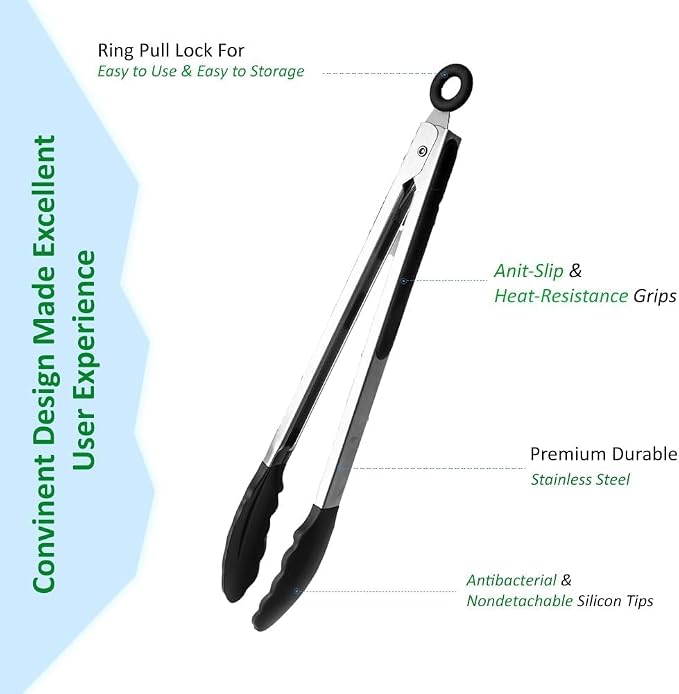 2 PCS Kitchen Silicone Tongs - 9” & 12” Premium Silicone Cooking Tongs, Nonslip Smart Locking & Easy Grip, Heat Resistant