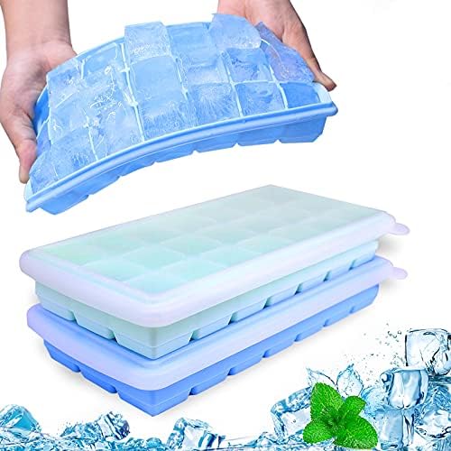 Ice Cube Trays, 2 Pack Silicone Tray with Removable Lid Easy-ReleaseFlexible 21 Molds 1.2 inch for Whiskey, Cocktails - Stackable Trays Cover, BPA FreeDurableDishwasher Safe