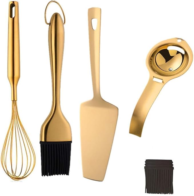 Stainless Steel Whisks Beating Stirring, Egg-Separators, Cake Shovels, Grill Basting Brush with 1 Pack Back Up Silicone Brush Heads, Baking Tool, Set of 5 -Gold