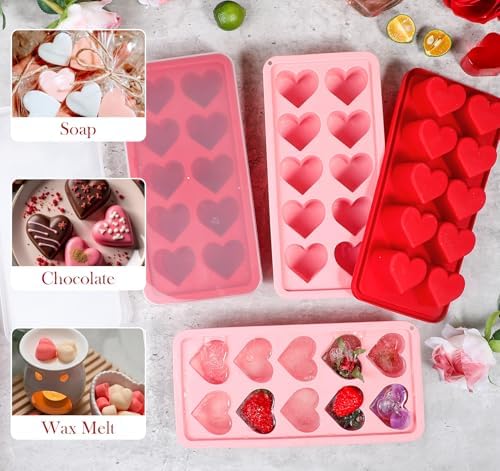 Webake 4-Pack Heart Ice Cube Trays with Lids, Silicone Valentine’s Heart-Shaped Molds for Chilling Whisky, Cocktails & Beverages, Also Ideal for Making Chocolate, Soap & Wax Melts