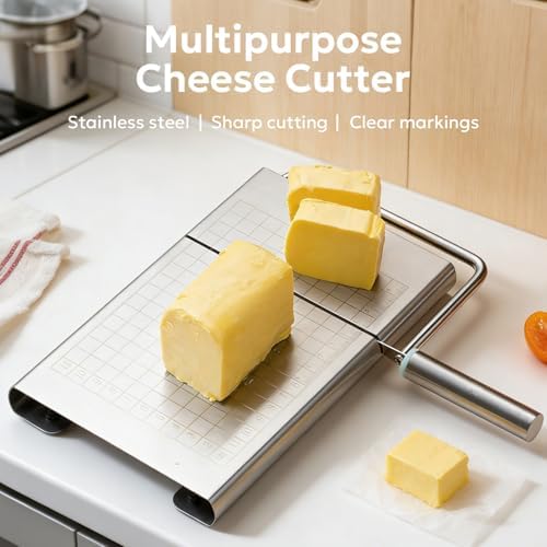 Stainless Steel Cheese Slicer with Measuring Grid – Multipurpose Butter & Sausage Cutter, Sharp Wire Blade for Block Cheese, Easy Clean Kitchen Gadget