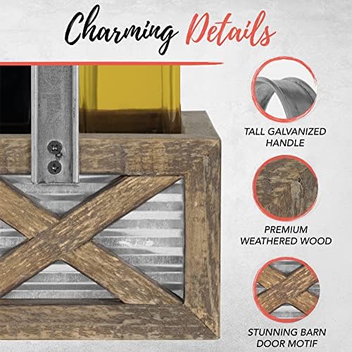 Autumn Alley Rustic Farmhouse Oil and Vinegar Dispenser Set - Oil and Vinegar Caddy Holder Set of Weathered Wood, Galvanized Metal - Adorable Rustic Kitchen Decor -250ml 8 oz