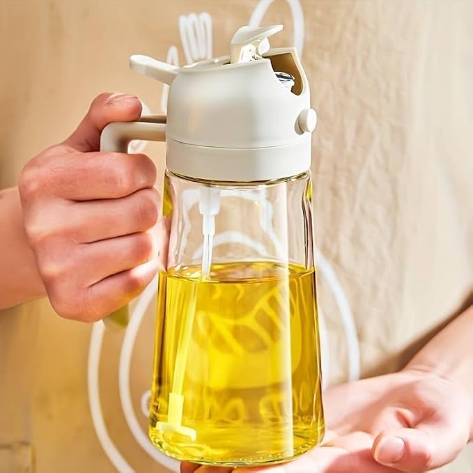 Oil Spray Bottle for Cooking, Premium Glass 2 in 1 Oil Dispenser for Kitchen, Food Grade Oil Sprayer Containers with Nozzle, Oil Bottle for Air Fryer, Roasting and Frying 500 ML