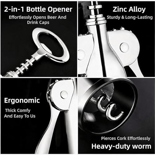 Premium Zinc Alloy Wing Corkscrew Set, Multifunctional Bar Tool with High-Carbon Steel Auger, Labor-Saving Lever Opener with Wine Pourer & Fresh-Keeping Bottle Stopper (Shiny Silver - 2set)