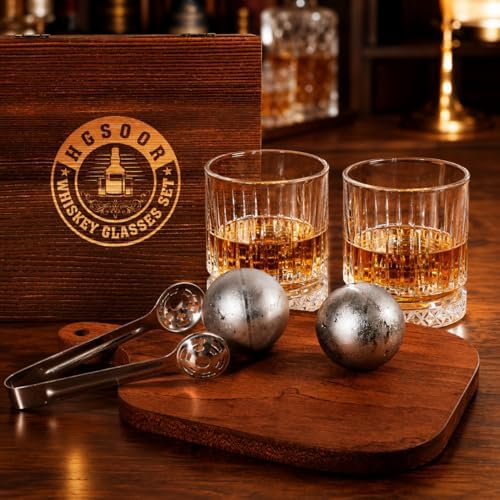 Whiskey Set Gifts for Men - Whisky Glass Set with 2 Large Stainless Steel Chilling Balls -Father's Day Anniversary Birthday Gifts for Men Dad Husband Him Boyfriend