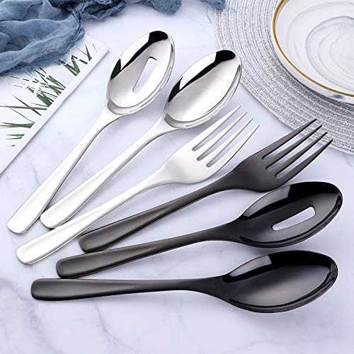 Long Handle Serving Set, Stainless Steel Polished Serving Spoon, Fork, Slotted Spoons, Set of 3 (Silver)